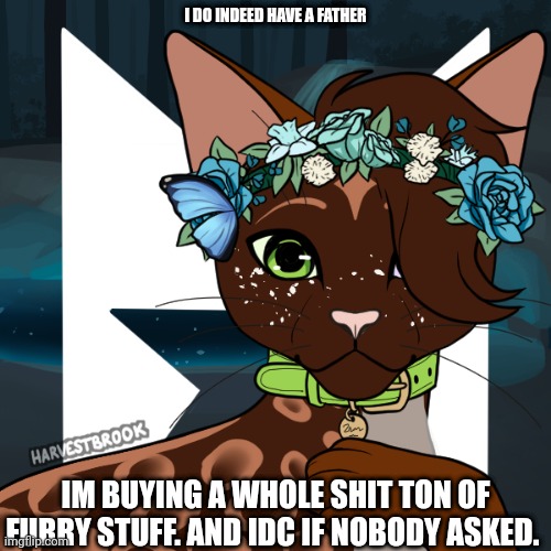 Dawnstar | I DO INDEED HAVE A FATHER; IM BUYING A WHOLE SHIT TON OF FURRY STUFF. AND IDC IF NOBODY ASKED. | image tagged in dawnstar | made w/ Imgflip meme maker