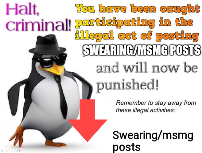 halt criminal! | SWEARING/MSMG POSTS; Swearing/msmg posts | image tagged in halt criminal | made w/ Imgflip meme maker