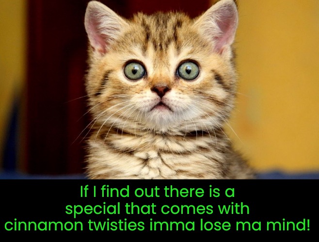 If I find out there is a special that comes with cinnamon twisties imma lose ma mind! | made w/ Imgflip meme maker