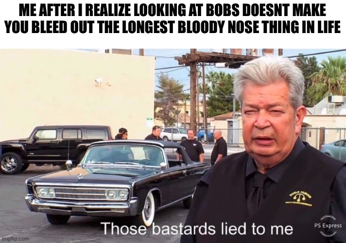 Those basterds lied to me | ME AFTER I REALIZE LOOKING AT BOBS DOESNT MAKE YOU BLEED OUT THE LONGEST BLOODY NOSE THING IN LIFE | image tagged in those basterds lied to me | made w/ Imgflip meme maker