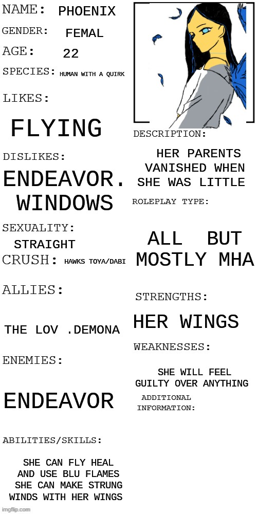 meme4 | PHOENIX; FEMAL; 22; HUMAN WITH A QUIRK; FLYING; HER PARENTS VANISHED WHEN SHE WAS LITTLE; ENDEAVOR. WINDOWS; ALL  BUT MOSTLY MHA; STRAIGHT; HAWKS TOYA/DABI; HER WINGS; THE LOV .DEMONA; SHE WILL FEEL GUILTY OVER ANYTHING; ENDEAVOR; SHE CAN FLY HEAL AND USE BLU FLAMES SHE CAN MAKE STRUNG WINDS WITH HER WINGS | image tagged in updated roleplay oc showcase,mha | made w/ Imgflip meme maker