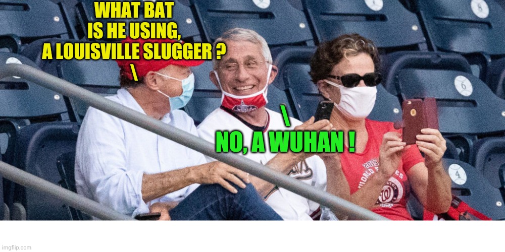 Fauci Without a Mask at the Baseball Game | WHAT BAT IS HE USING, A LOUISVILLE SLUGGER ?
\ \
NO, A WUHAN ! | image tagged in fauci without a mask at the baseball game | made w/ Imgflip meme maker