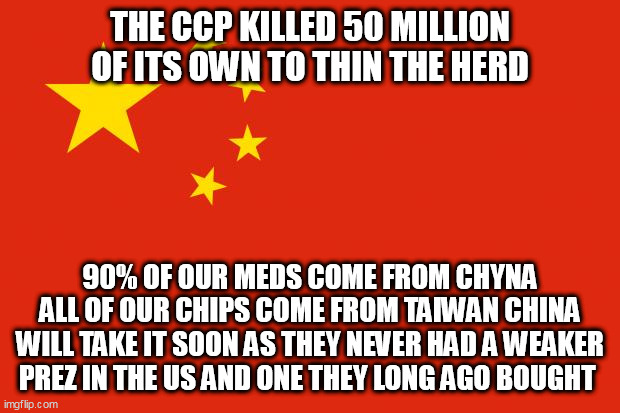 china flag | THE CCP KILLED 50 MILLION OF ITS OWN TO THIN THE HERD; 90% OF OUR MEDS COME FROM CHYNA ALL OF OUR CHIPS COME FROM TAIWAN CHINA WILL TAKE IT SOON AS THEY NEVER HAD A WEAKER PREZ IN THE US AND ONE THEY LONG AGO BOUGHT | image tagged in china flag | made w/ Imgflip meme maker