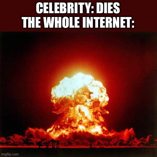 Whenever a celebrity dies the internet milks it | CELEBRITY: DIES
THE WHOLE INTERNET: | image tagged in memes,nuclear explosion | made w/ Imgflip meme maker
