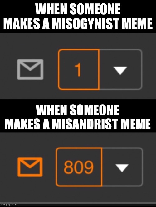 Msmg is so biased | WHEN SOMEONE MAKES A MISOGYNIST MEME; WHEN SOMEONE MAKES A MISANDRIST MEME | image tagged in 1 notification vs 809 notifications with message | made w/ Imgflip meme maker