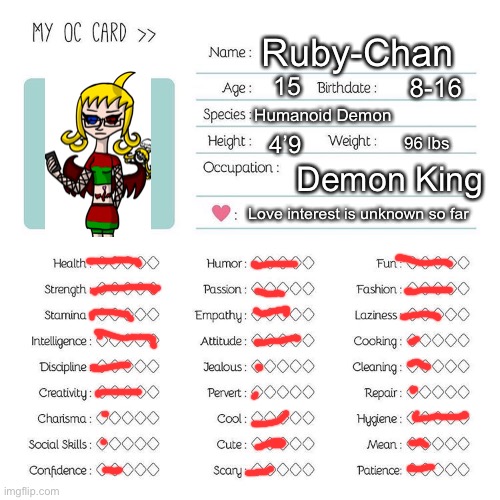 my oc | Ruby-Chan; 15; 8-16; Humanoid Demon; 4’9; 96 lbs; Demon King; Love interest is unknown so far | image tagged in oc card template | made w/ Imgflip meme maker