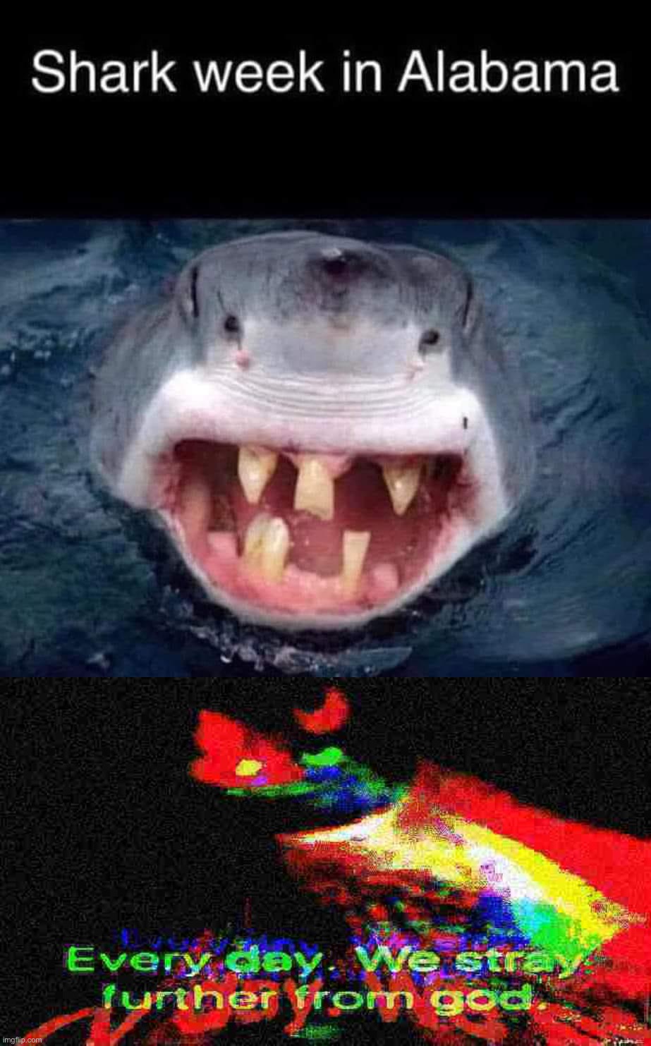 image tagged in shark week in alabama,every day we stray further from god trippy version deep-fried 1 | made w/ Imgflip meme maker