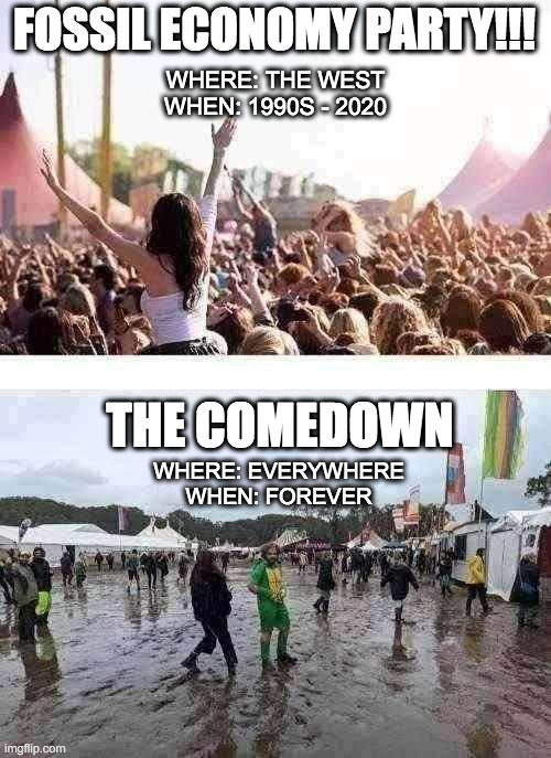 Fossil Party Comedown | FOSSIL ECONOMY PARTY!!! WHERE: THE WEST
WHEN: 1990S - 2020; THE COMEDOWN; WHERE: EVERYWHERE
WHEN: FOREVER | image tagged in festival,party,climate change,splendourinthegrass,floods,fossil fuel | made w/ Imgflip meme maker