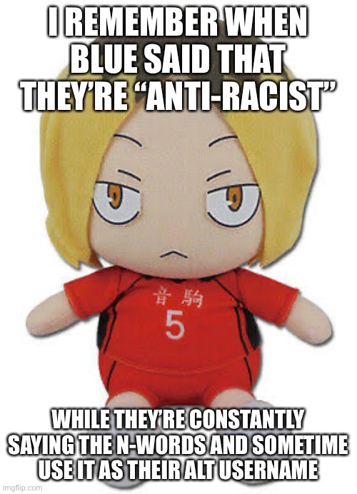 God, the irony. :skull: | I REMEMBER WHEN BLUE SAID THAT THEY’RE “ANTI-RACIST”; WHILE THEY’RE CONSTANTLY SAYING THE N-WORDS AND SOMETIME USE IT AS THEIR ALT USERNAME | image tagged in chonk kenma | made w/ Imgflip meme maker