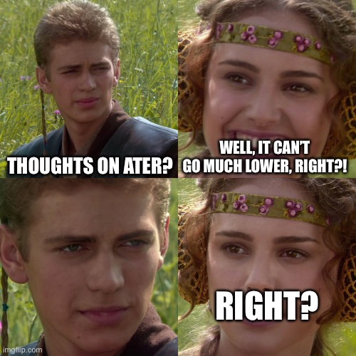 Anakin Padme 4 Panel | THOUGHTS ON ATER? WELL, IT CAN’T GO MUCH LOWER, RIGHT?! RIGHT? | image tagged in anakin padme 4 panel | made w/ Imgflip meme maker