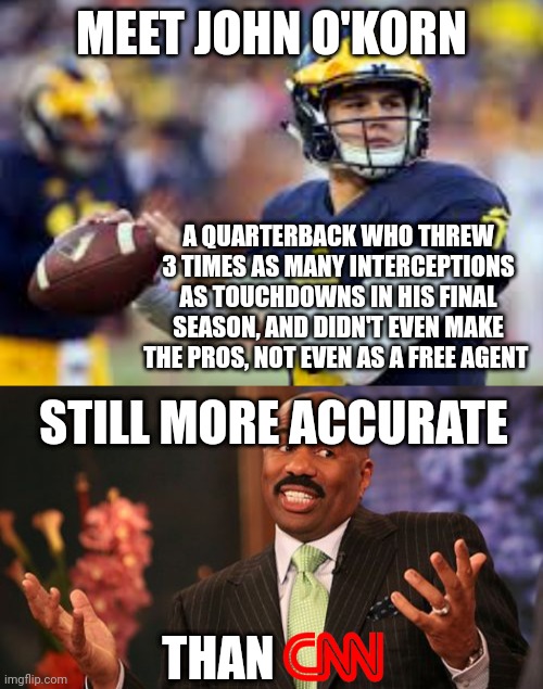 This is true tho | MEET JOHN O'KORN; A QUARTERBACK WHO THREW 3 TIMES AS MANY INTERCEPTIONS AS TOUCHDOWNS IN HIS FINAL SEASON, AND DIDN'T EVEN MAKE THE PROS, NOT EVEN AS A FREE AGENT; STILL MORE ACCURATE; THAN | image tagged in memes,steve harvey,politics,funny,cnn fake news,cnn | made w/ Imgflip meme maker