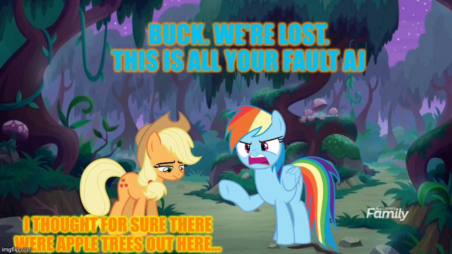 I'm lost | BUCK. WE'RE LOST. THIS IS ALL YOUR FAULT AJ; I THOUGHT FOR SURE THERE WERE APPLE TREES OUT HERE... | image tagged in mlp forest,lost in the woods,rainbow dash | made w/ Imgflip meme maker