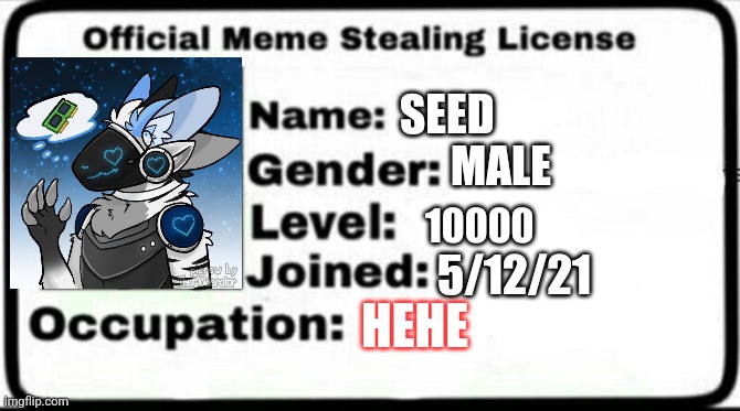 Seeds Meme Stealing License | SEED; MALE; 10000; 5/12/21; HEHE | image tagged in meme stealing license | made w/ Imgflip meme maker