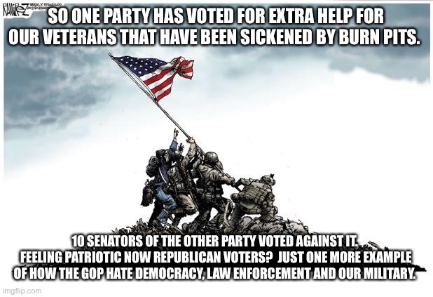 Veterans Day | SO ONE PARTY HAS VOTED FOR EXTRA HELP FOR OUR VETERANS THAT HAVE BEEN SICKENED BY BURN PITS. 10 SENATORS OF THE OTHER PARTY VOTED AGAINST IT.  FEELING PATRIOTIC NOW REPUBLICAN VOTERS?  JUST ONE MORE EXAMPLE OF HOW THE GOP HATE DEMOCRACY, LAW ENFORCEMENT AND OUR MILITARY. | image tagged in veterans day | made w/ Imgflip meme maker