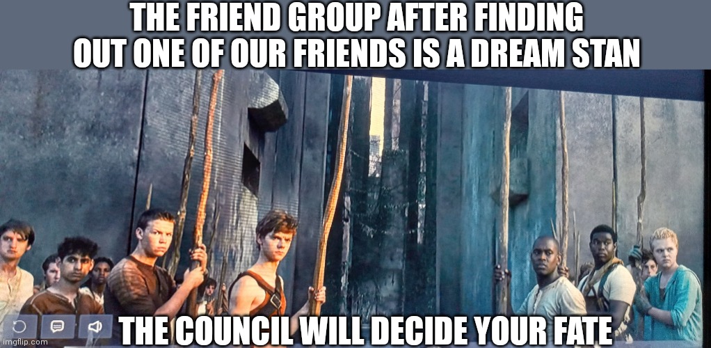 The council will decide your fate | THE FRIEND GROUP AFTER FINDING OUT ONE OF OUR FRIENDS IS A DREAM STAN; THE COUNCIL WILL DECIDE YOUR FATE | image tagged in memes,maze runner,the council will decide your fate | made w/ Imgflip meme maker
