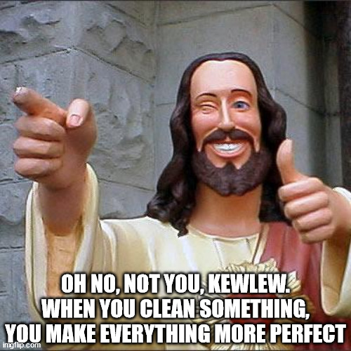 Buddy Christ Meme | OH NO, NOT YOU, KEWLEW. WHEN YOU CLEAN SOMETHING, YOU MAKE EVERYTHING MORE PERFECT | image tagged in memes,buddy christ | made w/ Imgflip meme maker