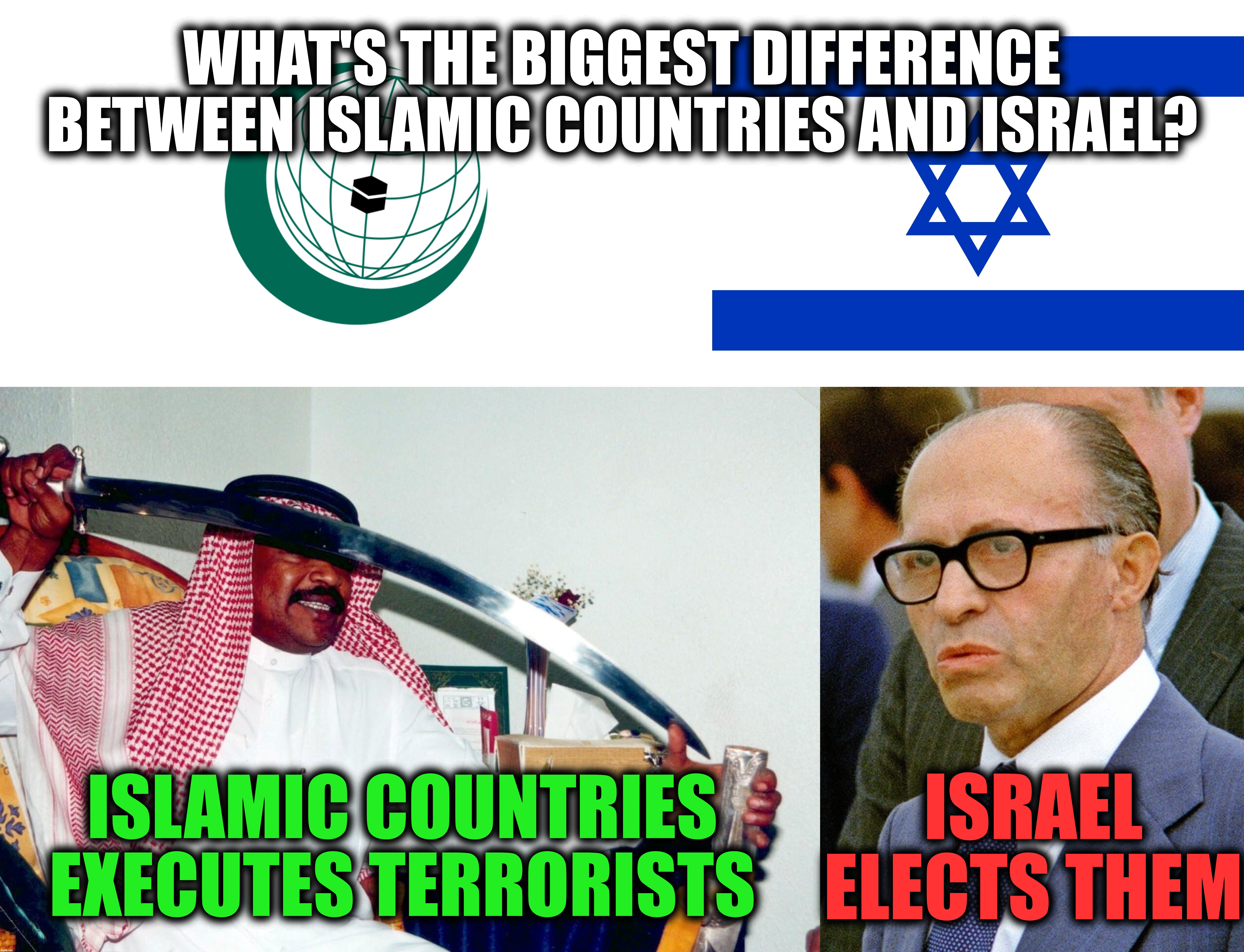 The Biggest Difference Between Islamic Countries And Israel (For the Last Time, I'm Not Making This Up) | WHAT'S THE BIGGEST DIFFERENCE BETWEEN ISLAMIC COUNTRIES AND ISRAEL? ISLAMIC COUNTRIES EXECUTES TERRORISTS; ISRAEL ELECTS THEM | image tagged in israel,different,difference,know the difference,corruption,government corruption | made w/ Imgflip meme maker