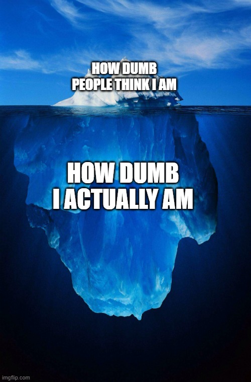 damn i cant solve 1 + 1 | HOW DUMB PEOPLE THINK I AM; HOW DUMB I ACTUALLY AM | image tagged in iceberg,memes | made w/ Imgflip meme maker