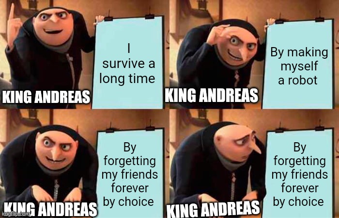 King Andreas TnT | I survive a long time; By making myself a robot; KING ANDREAS; KING ANDREAS; By forgetting my friends forever by choice; By forgetting my friends forever by choice; KING ANDREAS; KING ANDREAS | image tagged in memes,gru's plan,amphibia | made w/ Imgflip meme maker