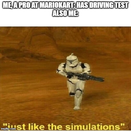 Just like Mariokart, right? |  ME, A PRO AT MARIOKART: HAS DRIVING TEST
ALSO ME: | image tagged in just like the simulations,mario kart,driving,you have been eternally cursed for reading the tags | made w/ Imgflip meme maker