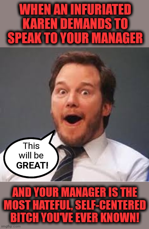 This means WAR! |  WHEN AN INFURIATED KAREN DEMANDS TO SPEAK TO YOUR MANAGER; This
will be; GREAT! AND YOUR MANAGER IS THE
MOST HATEFUL, SELF-CENTERED BITCH YOU'VE EVER KNOWN! | image tagged in excited andy,karens,memes,manager | made w/ Imgflip meme maker