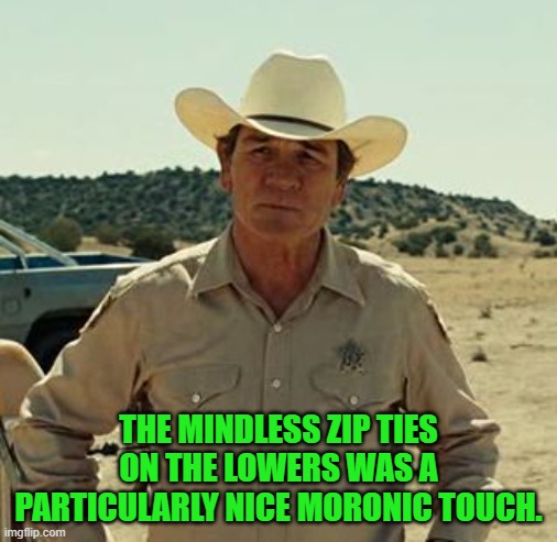 Tommy Lee Jones, No Country.. | THE MINDLESS ZIP TIES ON THE LOWERS WAS A PARTICULARLY NICE MORONIC TOUCH. | image tagged in tommy lee jones no country | made w/ Imgflip meme maker