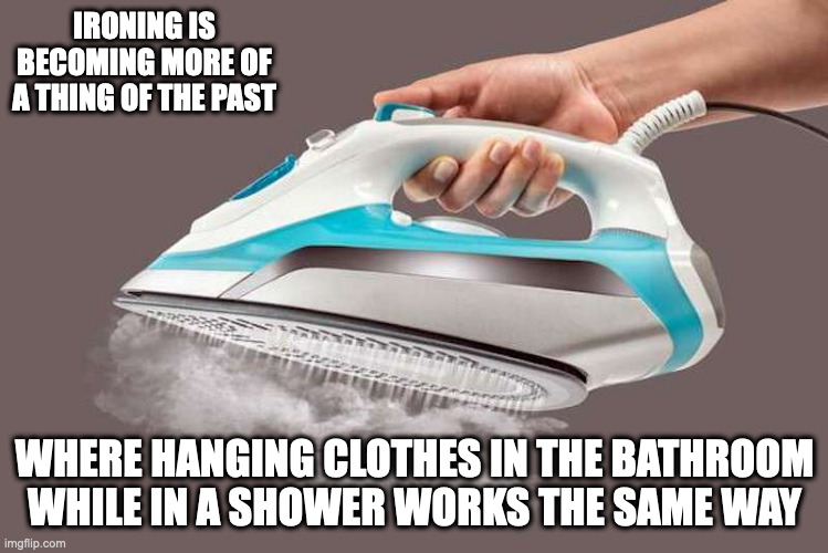 Steam Iron | IRONING IS BECOMING MORE OF A THING OF THE PAST; WHERE HANGING CLOTHES IN THE BATHROOM WHILE IN A SHOWER WORKS THE SAME WAY | image tagged in iron,memes | made w/ Imgflip meme maker