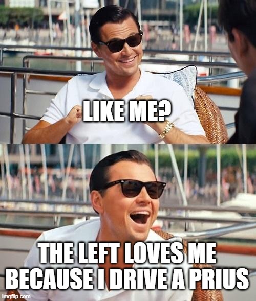 Leonardo Dicaprio Wolf Of Wall Street Meme | LIKE ME? THE LEFT LOVES ME BECAUSE I DRIVE A PRIUS | image tagged in memes,leonardo dicaprio wolf of wall street | made w/ Imgflip meme maker