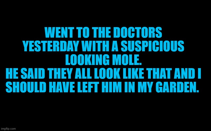 suspisous looking mole | WENT TO THE DOCTORS YESTERDAY WITH A SUSPICIOUS LOOKING MOLE.
HE SAID THEY ALL LOOK LIKE THAT AND I SHOULD HAVE LEFT HIM IN MY GARDEN. | image tagged in black screen,kewlew | made w/ Imgflip meme maker