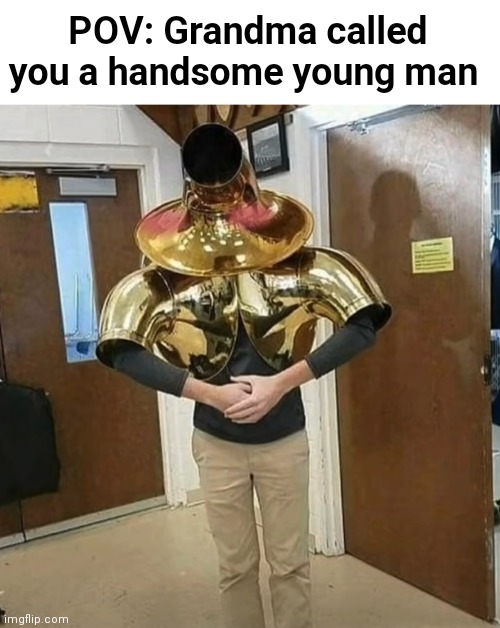 ( ͡ ͜ʖ ͡ ) | POV: Grandma called you a handsome young man | image tagged in tuba merchant,tuba warriors,tuba boss,tuba | made w/ Imgflip meme maker