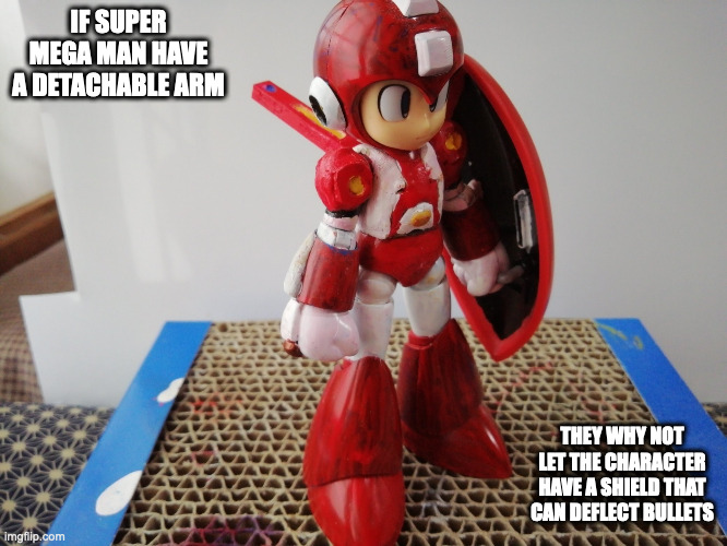 Super Mega Man With Shield |  IF SUPER MEGA MAN HAVE A DETACHABLE ARM; THEY WHY NOT LET THE CHARACTER HAVE A SHIELD THAT CAN DEFLECT BULLETS | image tagged in megaman,memes | made w/ Imgflip meme maker