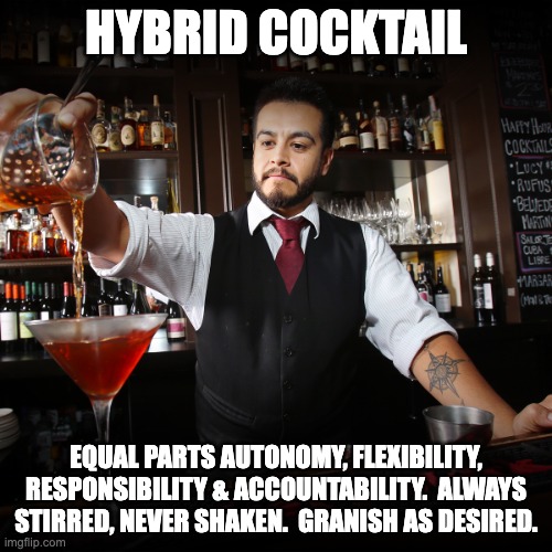 Hybrid Cocktail | HYBRID COCKTAIL; EQUAL PARTS AUTONOMY, FLEXIBILITY, RESPONSIBILITY & ACCOUNTABILITY.  ALWAYS STIRRED, NEVER SHAKEN.  GRANISH AS DESIRED. | image tagged in pouring bartender | made w/ Imgflip meme maker