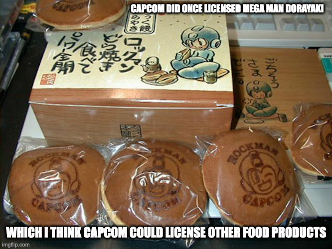 Mega Man Dorayaki | CAPCOM DID ONCE LICENSED MEGA MAN DORAYAKI; WHICH I THINK CAPCOM COULD LICENSE OTHER FOOD PRODUCTS | image tagged in food,memes,megaman | made w/ Imgflip meme maker