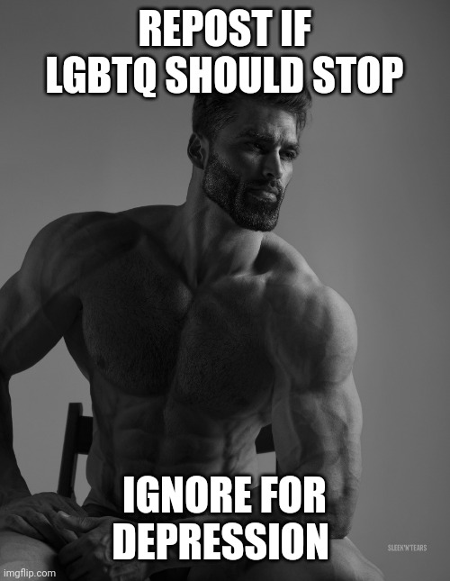 a | REPOST IF LGBTQ SHOULD STOP; IGNORE FOR DEPRESSION | image tagged in giga chad | made w/ Imgflip meme maker