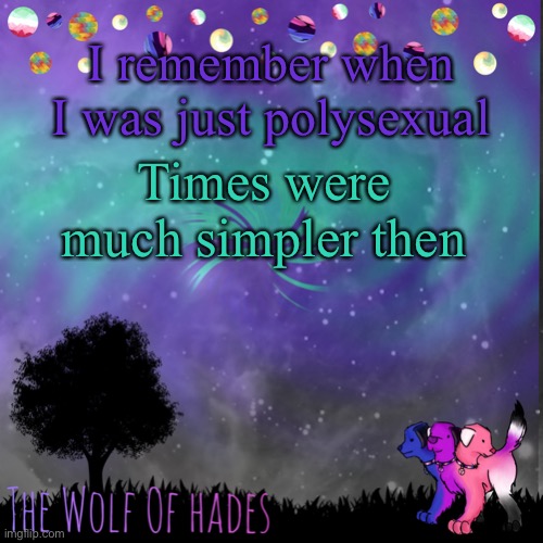TheWolfOfHades announces crap V.694201723696969 | I remember when I was just polysexual; Times were much simpler then | image tagged in thewolfofhades announces crap v 694201723696969 | made w/ Imgflip meme maker