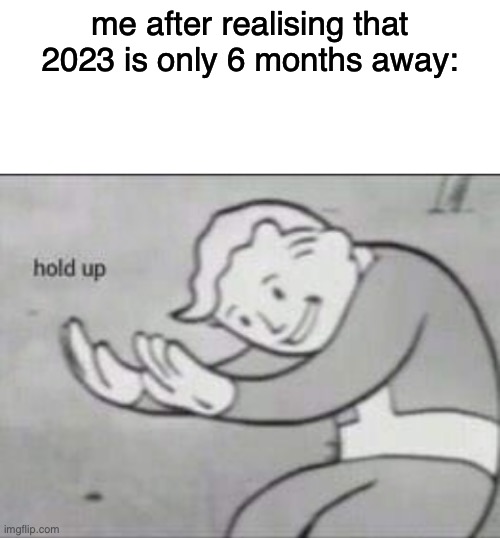 what | me after realising that 2023 is only 6 months away: | image tagged in fallout hold up with space on the top | made w/ Imgflip meme maker