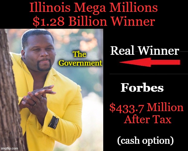 A Great Return on a $2 Gamble | Illinois Mega Millions

$1.28 Billion Winner; Real Winner; The 
Government; Forbes; $433.7 Million 
After Tax; (cash option) | image tagged in fun,the lottery,gambling,winner,uncle sugar needs his cut,mega millions | made w/ Imgflip meme maker
