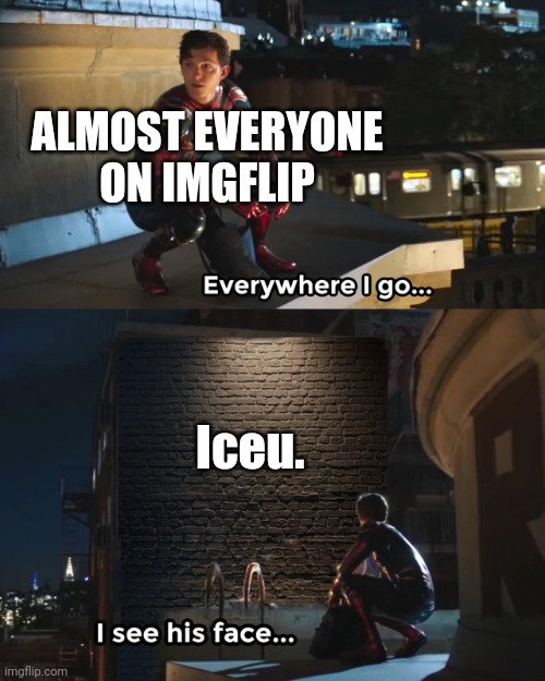 Iceu is everywhere | ALMOST EVERYONE ON IMGFLIP; Iceu. | image tagged in everywhere i go i see his face,iceu | made w/ Imgflip meme maker