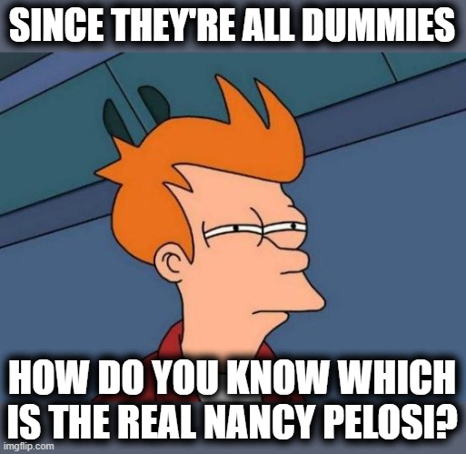 Futurama Fry Meme | SINCE THEY'RE ALL DUMMIES HOW DO YOU KNOW WHICH IS THE REAL NANCY PELOSI? | image tagged in memes,futurama fry | made w/ Imgflip meme maker