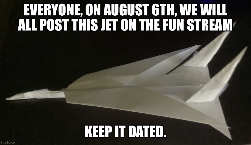 Get ready. | EVERYONE, ON AUGUST 6TH, WE WILL ALL POST THIS JET ON THE FUN STREAM; KEEP IT DATED. | image tagged in paper jet | made w/ Imgflip meme maker