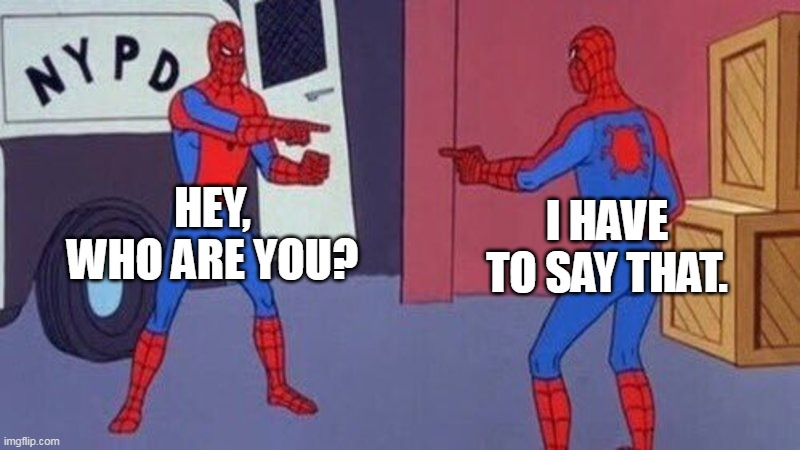 spiderman pointing at spiderman | HEY, WHO ARE YOU? I HAVE TO SAY THAT. | image tagged in spiderman pointing at spiderman | made w/ Imgflip meme maker