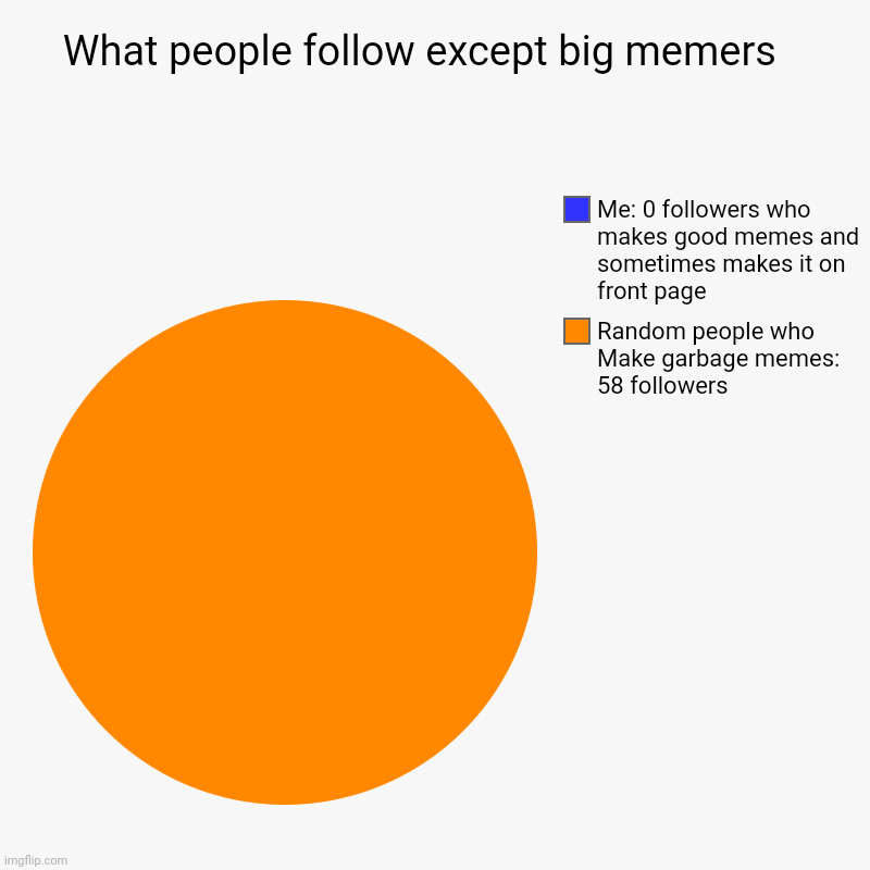 Wtf this won't make it bc I've never seen a front page chart | What people follow except big memers   | Random people who Make garbage memes: 58 followers, Me: 0 followers who makes good memes and someti | image tagged in charts,pie charts,wtf,relatable | made w/ Imgflip chart maker
