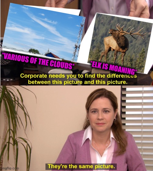 -Wild for rest. | *VARIOUS OF THE CLOUDS*; *ELK IS MOANING* | image tagged in memes,they're the same picture,animal crossing,road signs,forest fire,totally looks like | made w/ Imgflip meme maker