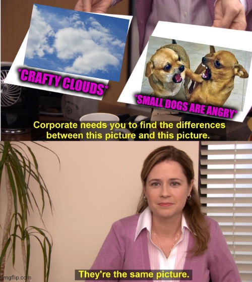 -Rrrharrhh. | *CRAFTY CLOUDS*; *SMALL DOGS ARE ANGRY* | image tagged in memes,they're the same picture,doge cloud,dogs pets funny,small fact frog,totally looks like | made w/ Imgflip meme maker