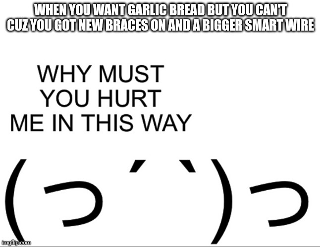 Why must you hurt me in this way | WHEN YOU WANT GARLIC BREAD BUT YOU CAN'T CUZ YOU GOT NEW BRACES ON AND A BIGGER SMART WIRE | image tagged in why must you hurt me in this way | made w/ Imgflip meme maker