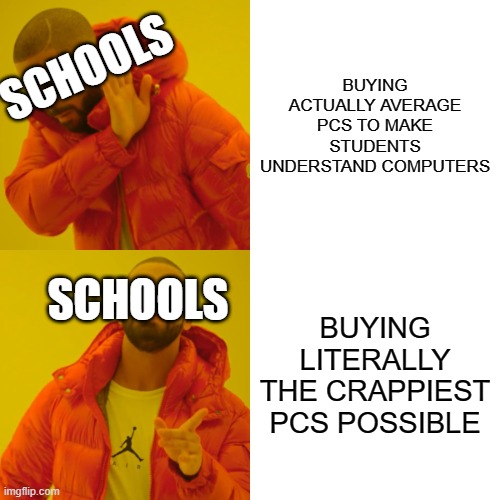 THEY SPEND THE MONEY ON EXPANDING THE GYMNASIOUM | BUYING ACTUALLY AVERAGE PCS TO MAKE STUDENTS UNDERSTAND COMPUTERS; SCHOOLS; SCHOOLS; BUYING LITERALLY THE CRAPPIEST PCS POSSIBLE | image tagged in memes,drake hotline bling | made w/ Imgflip meme maker