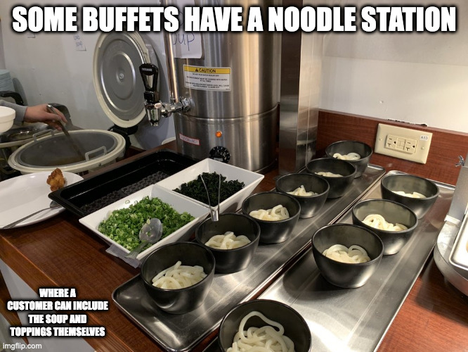 Udon Station | SOME BUFFETS HAVE A NOODLE STATION; WHERE A CUSTOMER CAN INCLUDE THE SOUP AND TOPPINGS THEMSELVES | image tagged in udon,food,noodles,memes | made w/ Imgflip meme maker