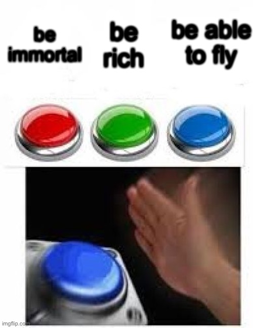 Multiple Buttons | be able to fly; be immortal; be rich | image tagged in multiple buttons | made w/ Imgflip meme maker