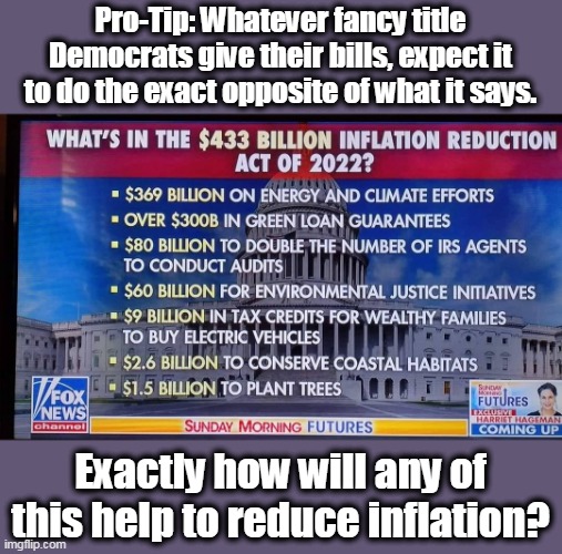 Spending money we don't have will never reduce inflation. |  Pro-Tip: Whatever fancy title Democrats give their bills, expect it to do the exact opposite of what it says. Exactly how will any of this help to reduce inflation? | image tagged in inflation,liberal logic,stupid liberals,liberal hypocrisy,economics | made w/ Imgflip meme maker