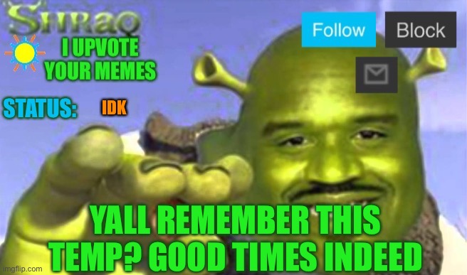 Shraq announcement temp | IDK; YALL REMEMBER THIS TEMP? GOOD TIMES INDEED | image tagged in shraq announcement temp | made w/ Imgflip meme maker